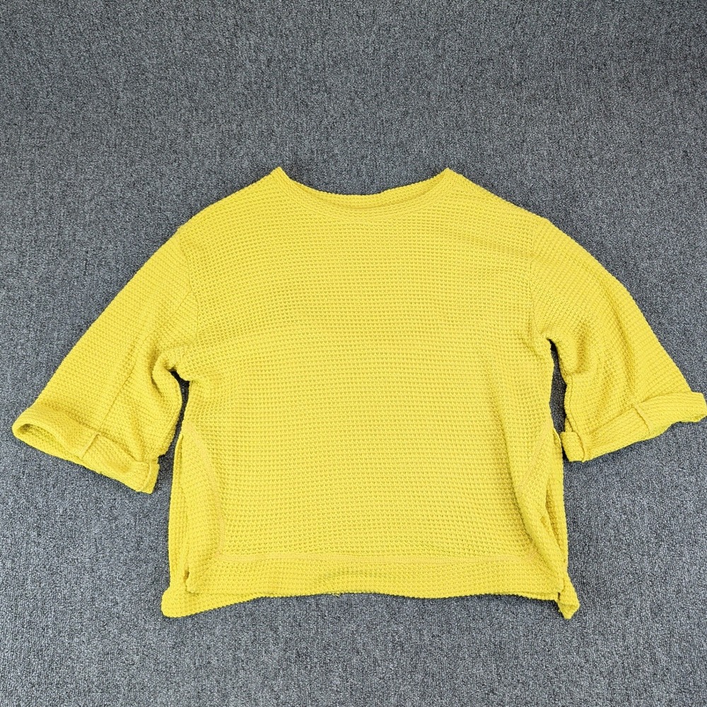 Umgee Boho Waffle Knit Top Women Medium Yellow Cuffed 3/4 Sleeve Boxy Side Slit — photo 2